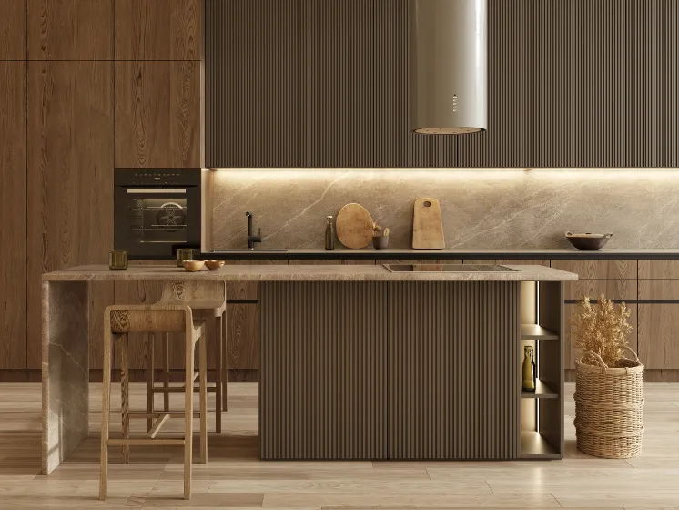 Expert 3D kitchen design project by Kitchen Pro Dallas, showcasing a modern kitchen layout with detailed cabinetry, island design, and realistic lighting visualization