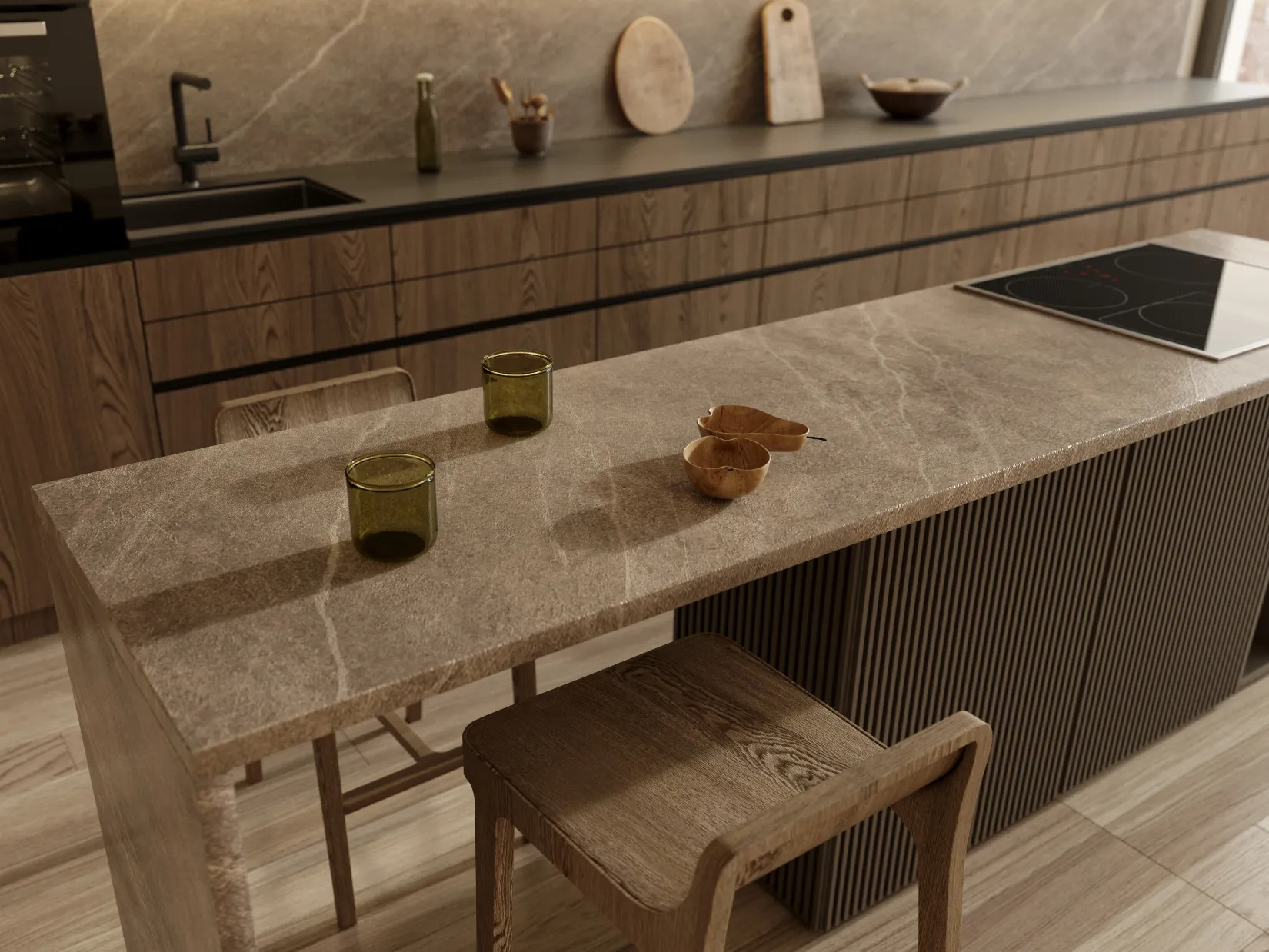 Expert 3D kitchen design visualization in Dallas showcasing architectural planning, modern island proportions, premium materials, and custom layout rendering.