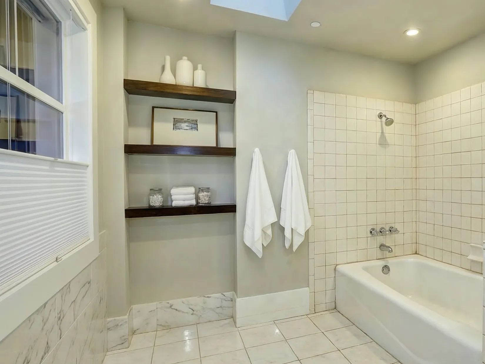 Modern bathroom remodeling in Dallas showcasing a tub-to-shower conversion, custom tile work, floating shelves, and a clean contemporary design.